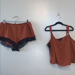Silk brown w black lace pajama set crop top/shorts